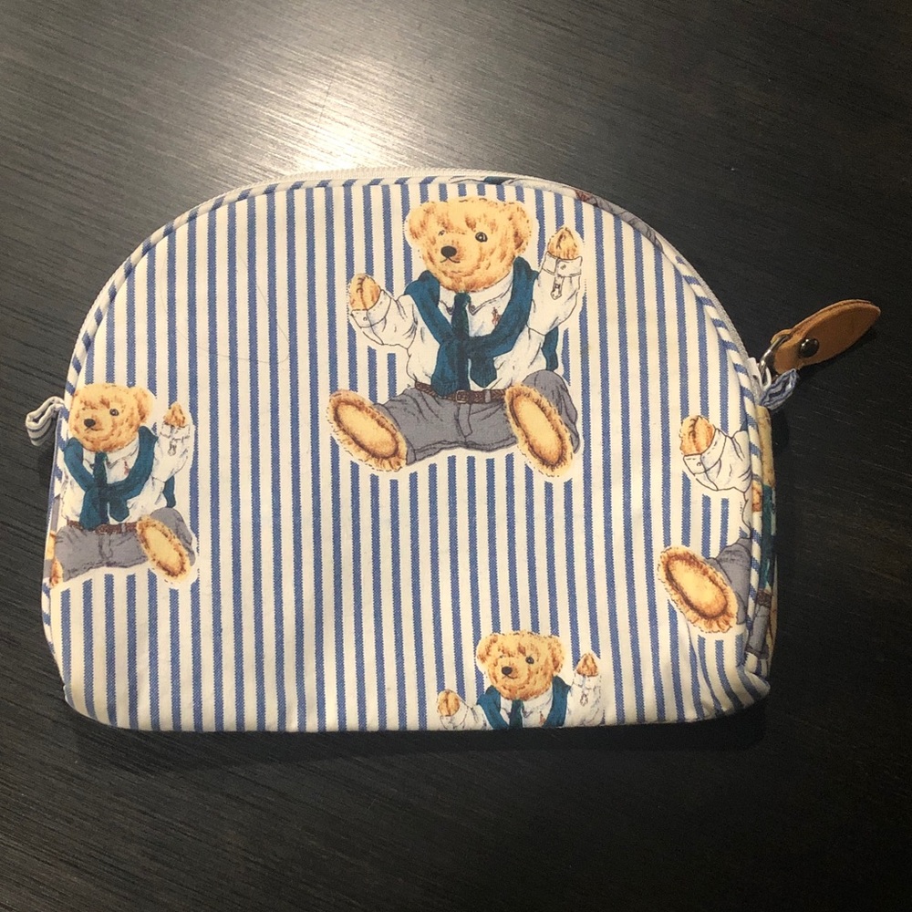 Polo ralph Lauren RARE striped Teddy Bear Cosmetic Pouch - Blue & White